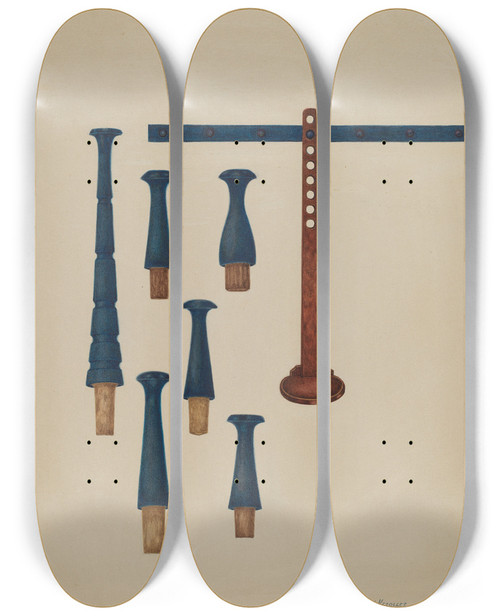 Triptych art skateboard deck of George V Vezolles Shaker Pegs And Candlestand by George V Vezolles