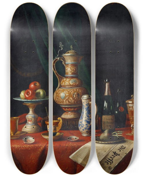 Triptych art skateboard deck of Moritz Mansfeld Stillleben_2 by Moritz Mansfeld (1850-1890)