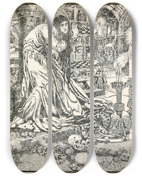Triptych art skateboard deck of Noel Nisbet The Tsarivna Arose From Her Coffin by Noel Nisbet (1887-1956)