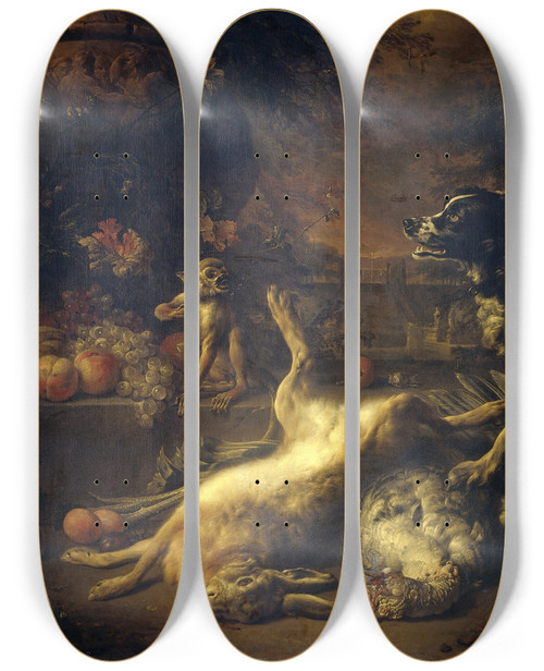 Triptych art skateboard deck of Jan Weenix A Monkey And A Dog With Dead Game And Fruit by Jan Weenix (1641-1719)
