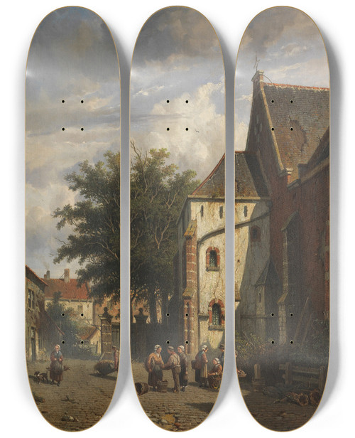 Triptych art skateboard deck of Adrianus Eversen Achter De Westerkerk In Enkhuizen by Adrianus Eversen (1818-1897)