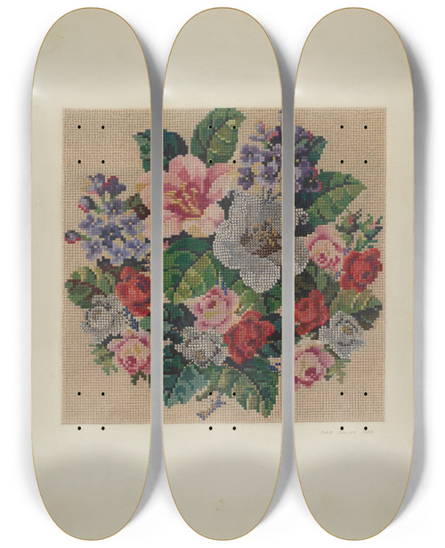 Triptych art skateboard deck of Ivar Julius Gros Point Needlework Flowers by Ivar Julius