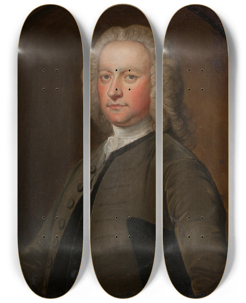 Triptych art skateboard deck of Bartholomew Dandridge Portrait Of A Man In A Lace Cravat by Bartholomew Dandridge (1691-1754)