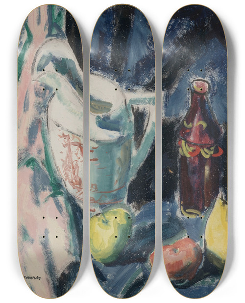 Triptych art skateboard deck of Alfred Henry Maurer Still Life With Pitcher And Fruit by Alfred Henry Maurer (1868-1932)