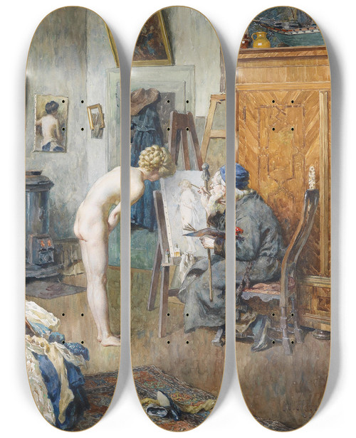Triptych art skateboard deck of Heinrich Rettig Im Atelier by Heinrich Rettig (1859-1921)