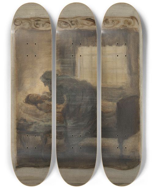 Triptych art skateboard deck of August Jerndorff Og Dybere Bjede Heksen Sig Ned Over Den Hvide Hals by August Jerndorff (1846-1906)