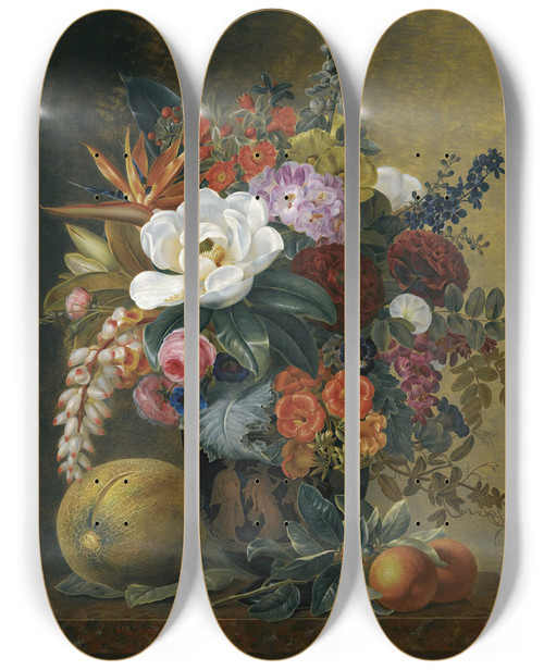 Triptych art skateboard deck of Johan Laurentz Jensen Exotic Blooms In A Greciankrater With Fruit On A Marble Ledge by Johan Laurentz Jensen 2 (1800-1856)