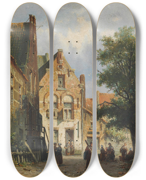 Triptych art skateboard deck of Adrianus Eversen Belebte Strassenszene In Einem Hollndischen Stdtchen by Adrianus Eversen (1818-1897)