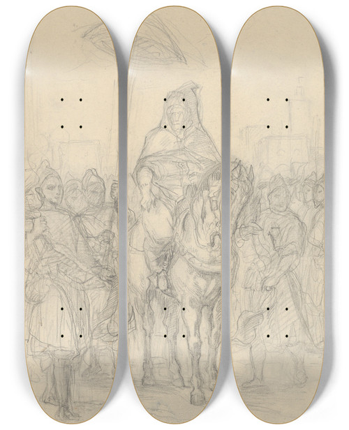 Triptych art skateboard deck of Eugne Delacroix Study For The Sultan Of Morocco And His Entourage_3 by Eugene Delacroix (1798-1863)