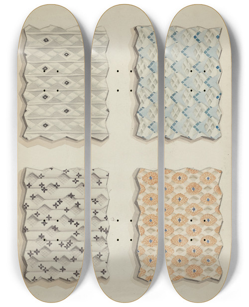Triptych art skateboard deck of Robert Stewart Fabric Swatches by Robert Stewart (20-)