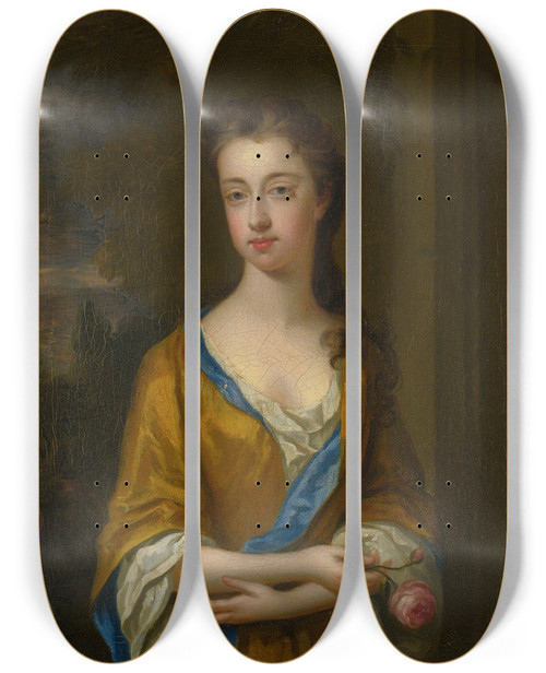 Triptych art skateboard deck of Sir Godfrey Kneller Portrait Of The Duchess Of Newcastle by Sir Godfrey Kneller (1646-1723)