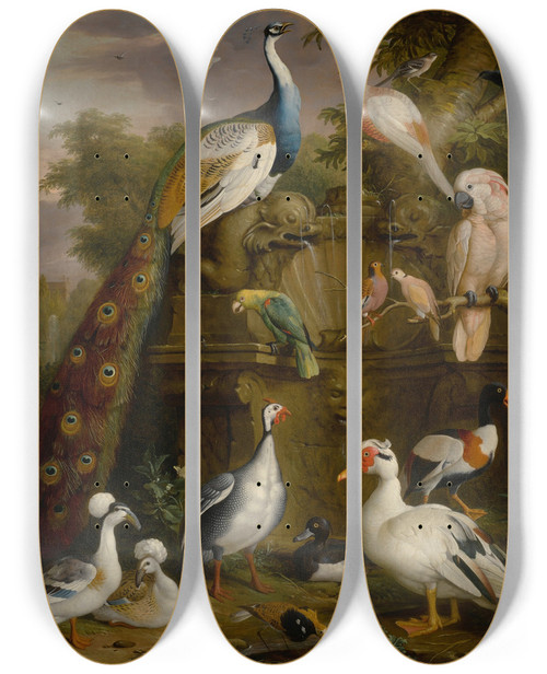 Triptych art skateboard deck of Jakob Bogdny An Assembly Of Birds In A Parkland Landscape_2 by Jakob Bogdany (1660-1724)