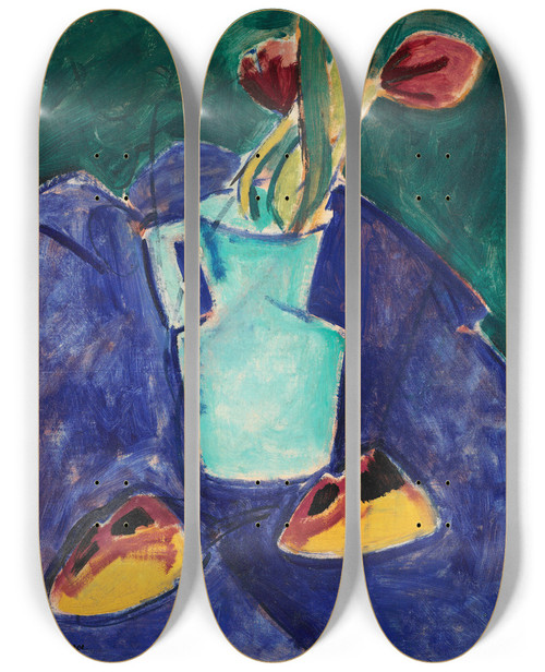 Triptych art skateboard deck of Alfred Henry Maurer Tulips In A Green Vase by Alfred Henry Maurer (1868-1932)