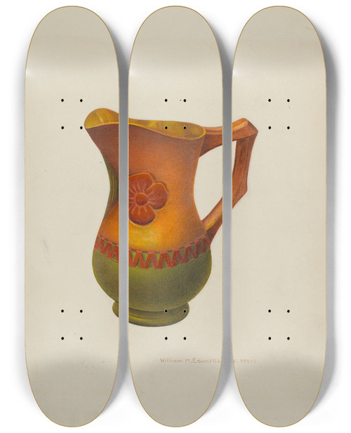 Triptych art skateboard deck of William H Edwards Carved Wooden Pitcher by William H Edwards