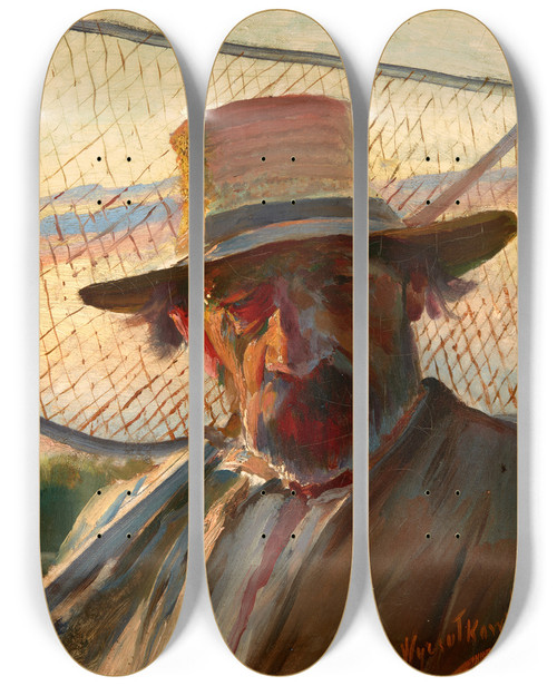 Triptych art skateboard deck of Leon Wyczkowski Fisherman With A Net by Leon Wyczolkowski (1852-1936)
