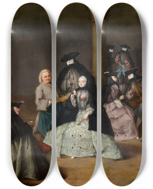Triptych art skateboard deck of Pietro Longhi Masked Party In A Courtyard by Pietro Longhi (1702-1785)