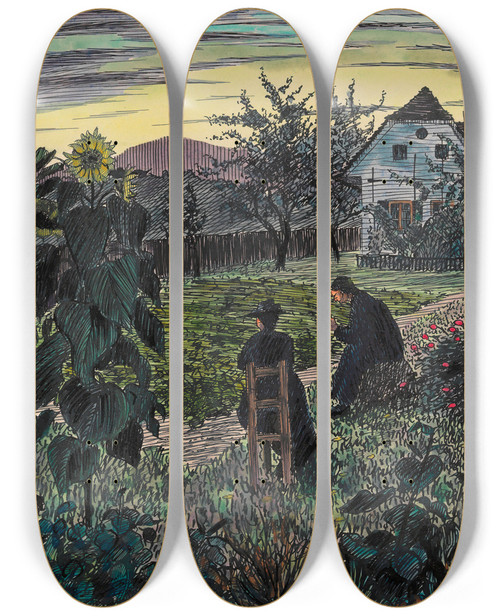 Triptych art skateboard deck of Karl Wiener Abend Im Garten by Karl Wiener (1901-1949)
