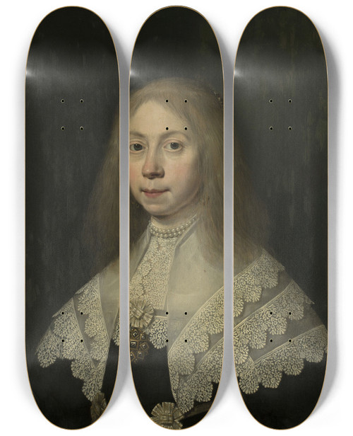 Triptych art skateboard deck of Dirck Dircksz Van Santvoort Portrait Of A Young Lady by Dirck Dircksz Van Santvoort (1610-1680)