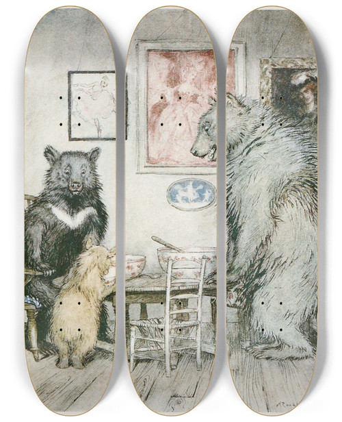 Triptych art skateboard deck of Arthur Rackham Somebody Has Been At My Porridge And Has Eaten It All Up by Arthur Rackham (1867-1939)