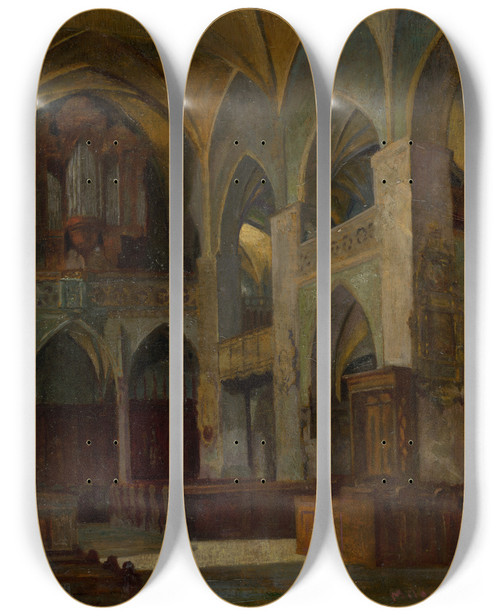 Triptych art skateboard deck of Milan Florin Inside The Church Of St James In Levoa by Florian Milan (1884-1945)