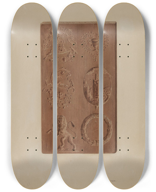 Triptych art skateboard deck of Fritz Boehmer Springerle For Christmas Cookies by Fritz Boehmer