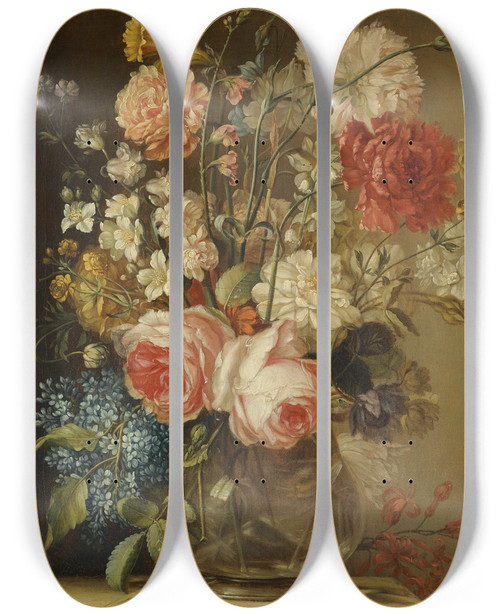 Triptych art skateboard deck of Ludovico Stern A Still Life With Roses A Daffodil And Other Flowers In A Glass Vase On A Stone Ledge by Ludovico Stern (1709-1777)