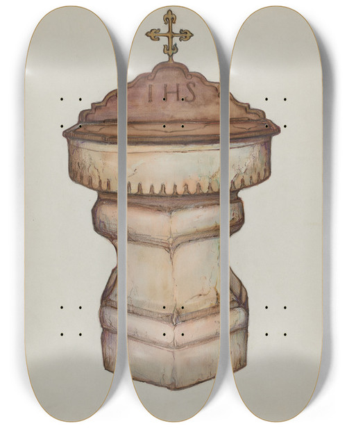 Triptych art skateboard deck of George Seideneck Baptismal Font With Top by George Seideneck