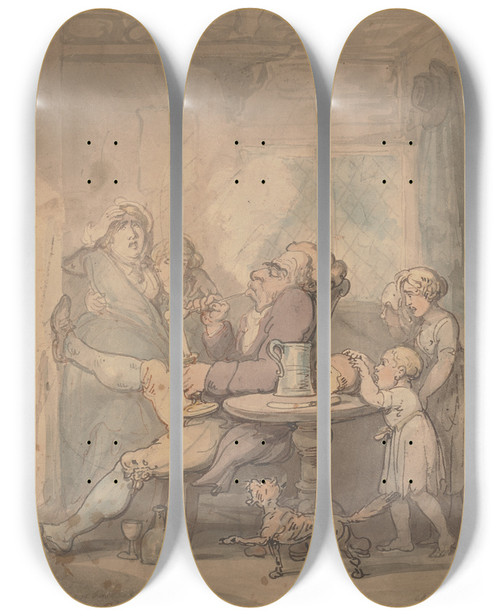 Triptych art skateboard deck of Thomas Rowlandson The Man In Position by Thomas Rowlandson (1756-1827)
