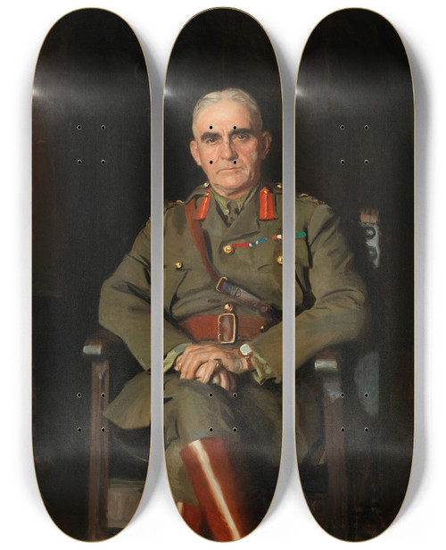 Triptych art skateboard deck of Harrington Mann Lieutenant General Sir Sam Hughes by Harrington Mann (1864-1937)