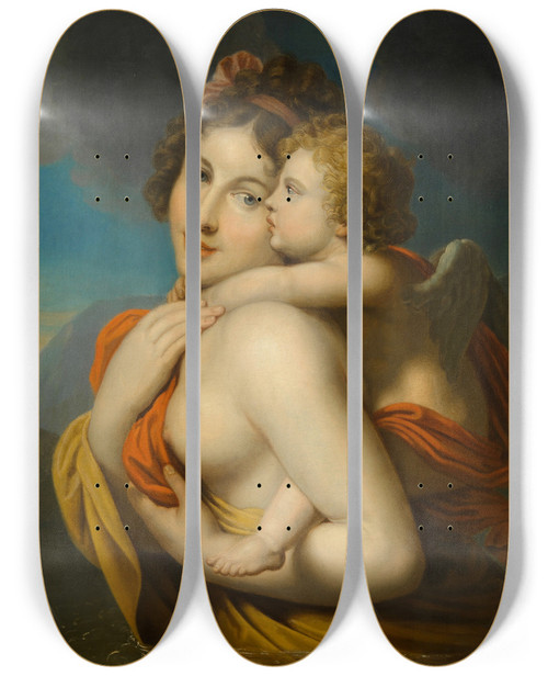 Triptych art skateboard deck of Johann Baptist Von Lampi The Elder Nymphe Trgt Amor Durch Einen Fluss by Johann Baptist Von Lampi The Elder (1751-1830)