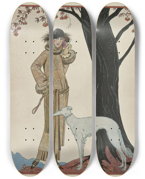 Triptych art skateboard deck of George Barbier Symphonie Automnale Manteau Et Robe Daprsmidi De Worth by George Barbier (1882-1932)