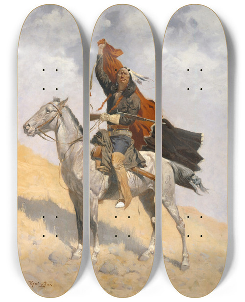 Triptych art skateboard deck of Frederic Remington The Blanket Signal by Frederic Remington (1861-1909)