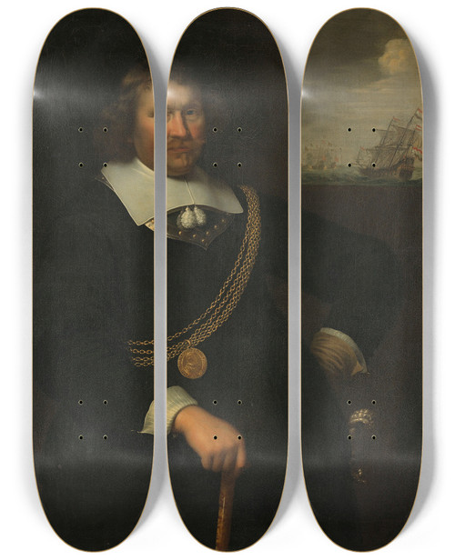 Triptych art skateboard deck of Jan Albertsz Rotius Portrait Of Jan Cornelisz Meppel Lieutenantadmiral Of Holland And Westfriesland by Jan Albertsz Rotius (1624-1666)
