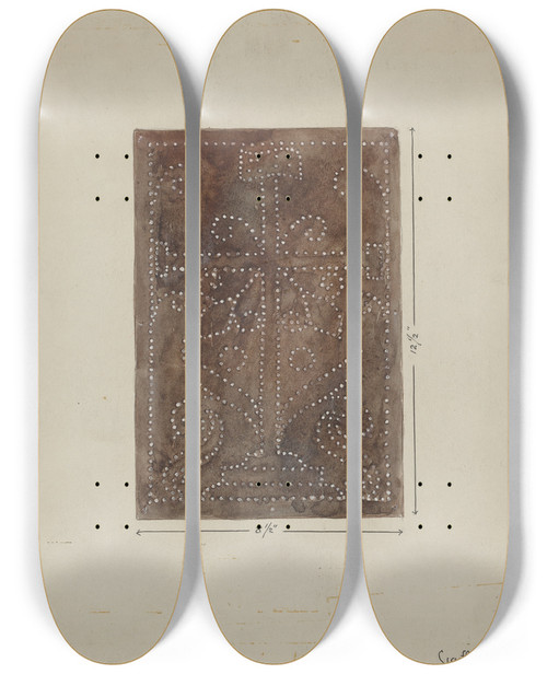 Triptych art skateboard deck of Geoffrey Holt Pierced Metal Screen From Confessional_1 by Geoffrey Holt (20-)