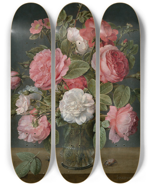 Triptych art skateboard deck of Jacob Van Hulsdonck Roses In A Glass Vase by Jacob Van Hulsdonck (1582-1647)