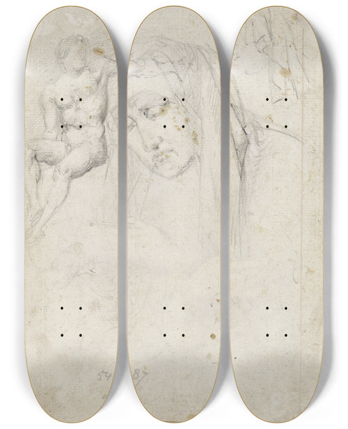 Triptych art skateboard deck of Woutherus Mol Schets Van Een Beeldje Van Een Zittende Naakte Man by Woutherus Mol (1785-1857)