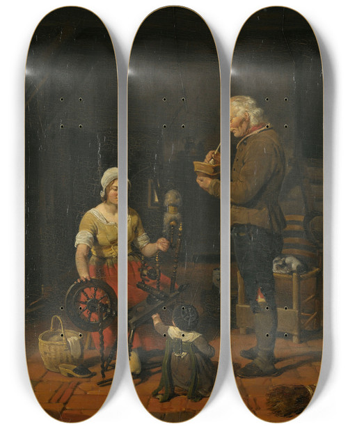 Triptych art skateboard deck of Cornelis Kruseman Peasant Family In Their Cottage by Cornelis Kruseman (1797-1857)