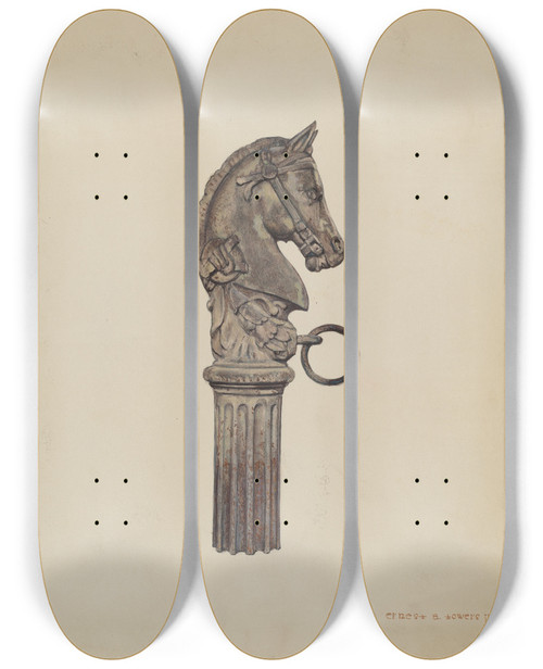 Triptych art skateboard deck of Ernest A Towers Jr Horse Head Hitching Post by Ernest A Towers Jr (20-)