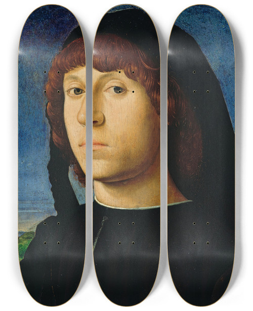 Triptych art skateboard deck of Antonello Da Messina Portrait Of A Man by Antonello Da Messina (1430-1479)