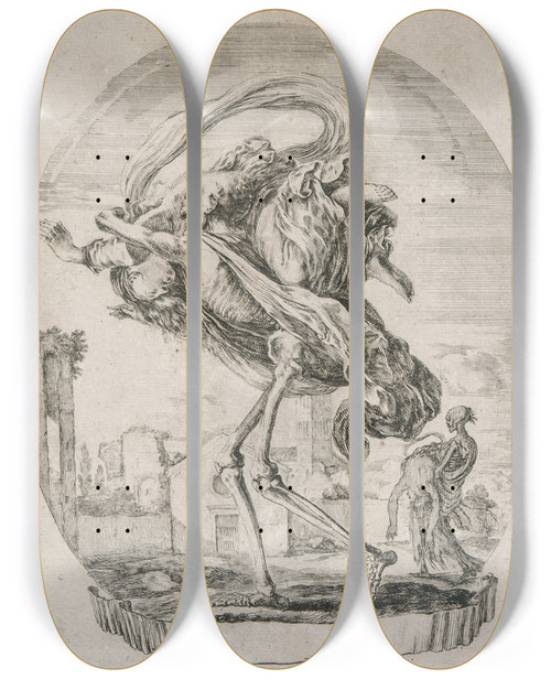 Triptych art skateboard deck of Stefano Della Bella Death Carrying Off A Young Woman by Stefano Della Bella (1610-1664)