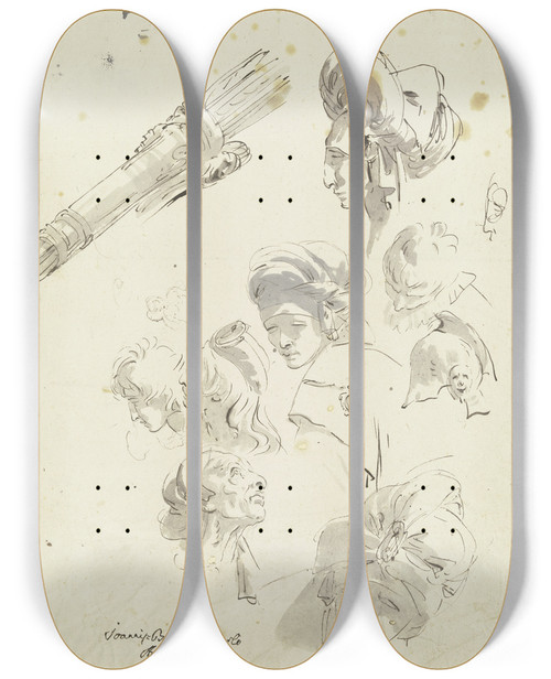 Triptych art skateboard deck of Giovanni Battista Tiepolo Verschiedene Kpfe Von Bartlosen Mnnern Mit Turbanartigem Kopfputz Links Oben Ein Kcher Mit Pfeilen by Giovanni Battista Tiepolo (1696-1770)