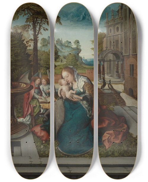 Triptych art skateboard deck of Bernard Van Orley Virgin And Child With Angels by Bernard Van Orley (1492-1542)