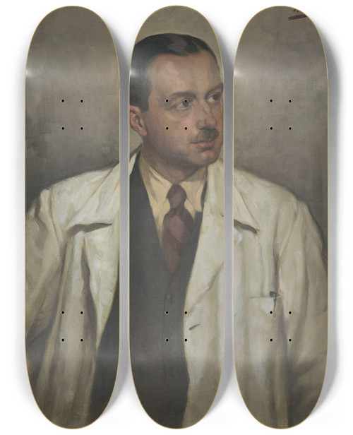 Triptych art skateboard deck of Viktor Kiss Man In A White Coat by Viktor Kiss (1902-1940)