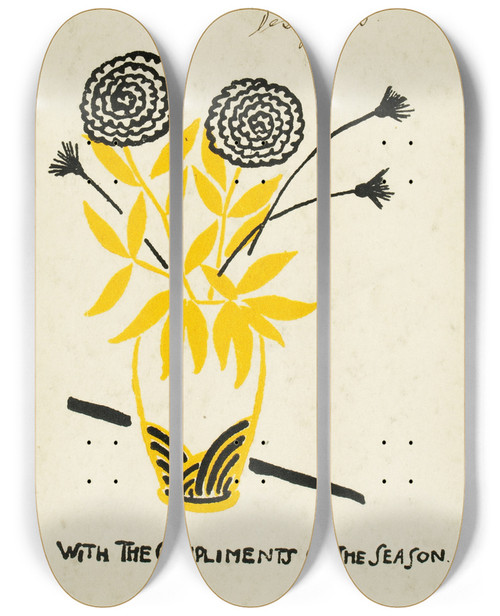 Triptych art skateboard deck of Henry Lyman Saen With The Compliments Of The Season Design No 3 by Henry Lyman Saen (1875-1918)
