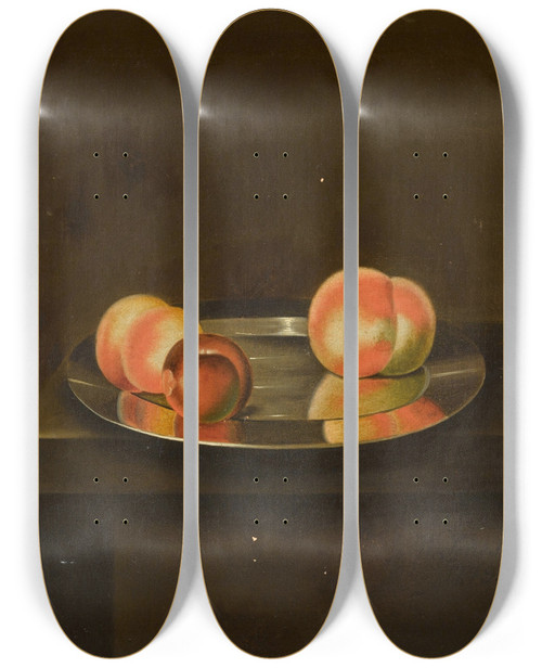 Triptych art skateboard deck of William Jones Of Bath A Still Life With Peaches And A Plum On A Pewter Plate On A Ledge by William Jones Of Bath