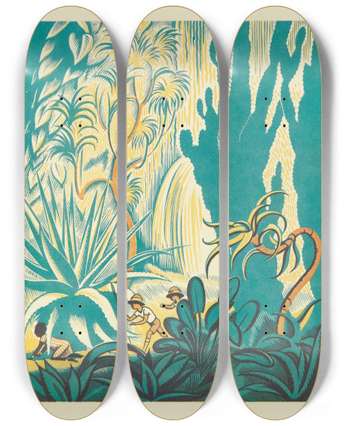 Triptych art skateboard deck of Clifford Webb A Jungle Picnic Pl19 by Clifford Webb (1894-1972)