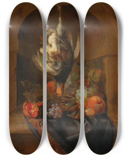 Triptych art skateboard deck of Jan Weenix A Partridge And Fruit In A Partially Draped Niche by Jan Weenix (1641-1719)