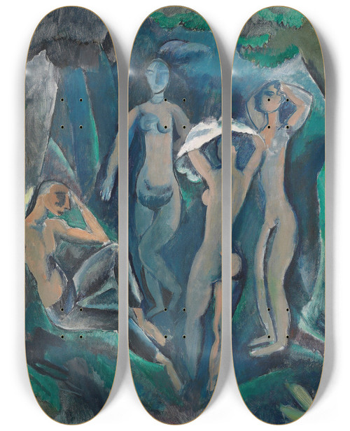Triptych art skateboard deck of Georges Kars Les Baigneuses The Judgement Of Paris by Georges Kars (1882-1945)