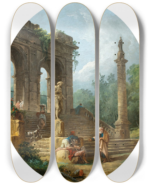 Triptych art skateboard deck of Hubert Robert A Capriccio Of A Classical Arcade And A Column With Figures Conversing Before A Statue by Hubert Robert (1733-1808)