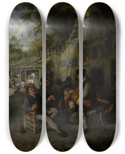 Triptych art skateboard deck of Cornelis Dusart Country Inn With Hurdygurdy Player by Cornelis Dusart (1660-1704)